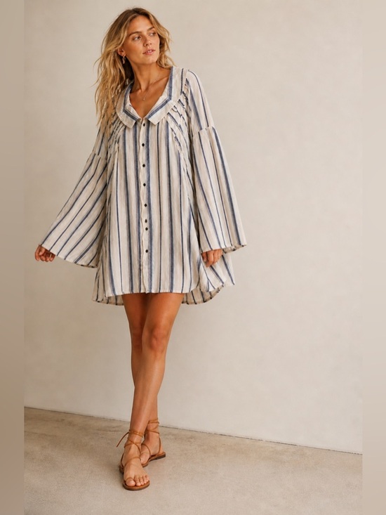 Free People Tops - Free People Striped Button-Front Tunic Dress in Cream and Blue